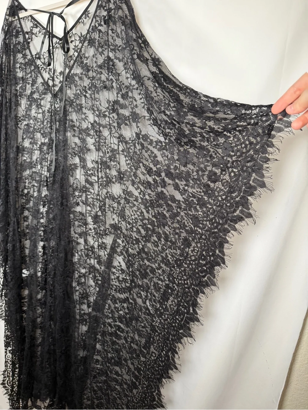 Whimsigoth Withcy Sheer Mesh Black Floral Lace Kimono Robe Fringe Hem